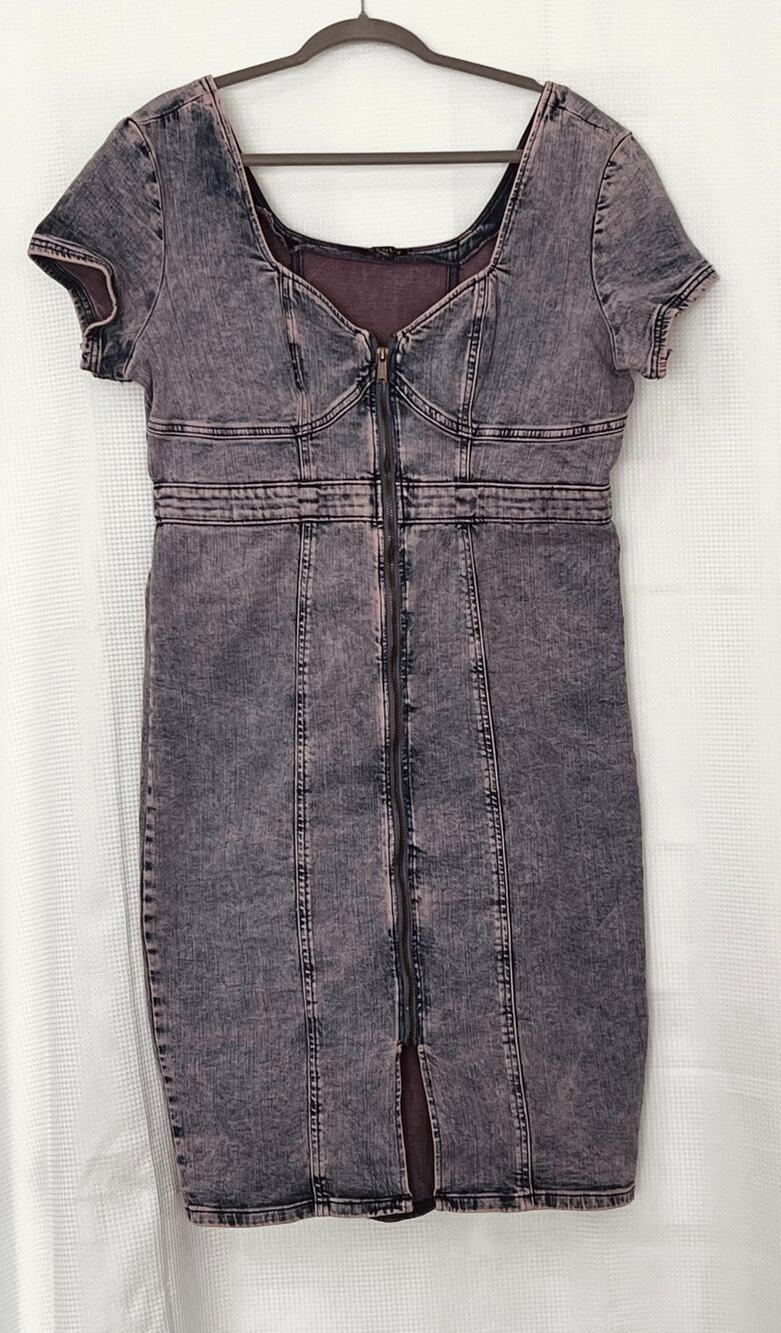 Venus Denim Midi Dress Sweetheart-Shaped Top Blush Purple w/Pink Acid Wash L